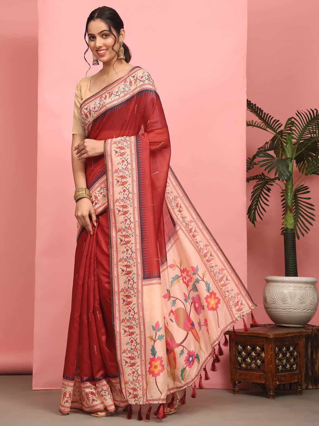 Red Solid Paithani Cotton Blend Digital Printed Saree