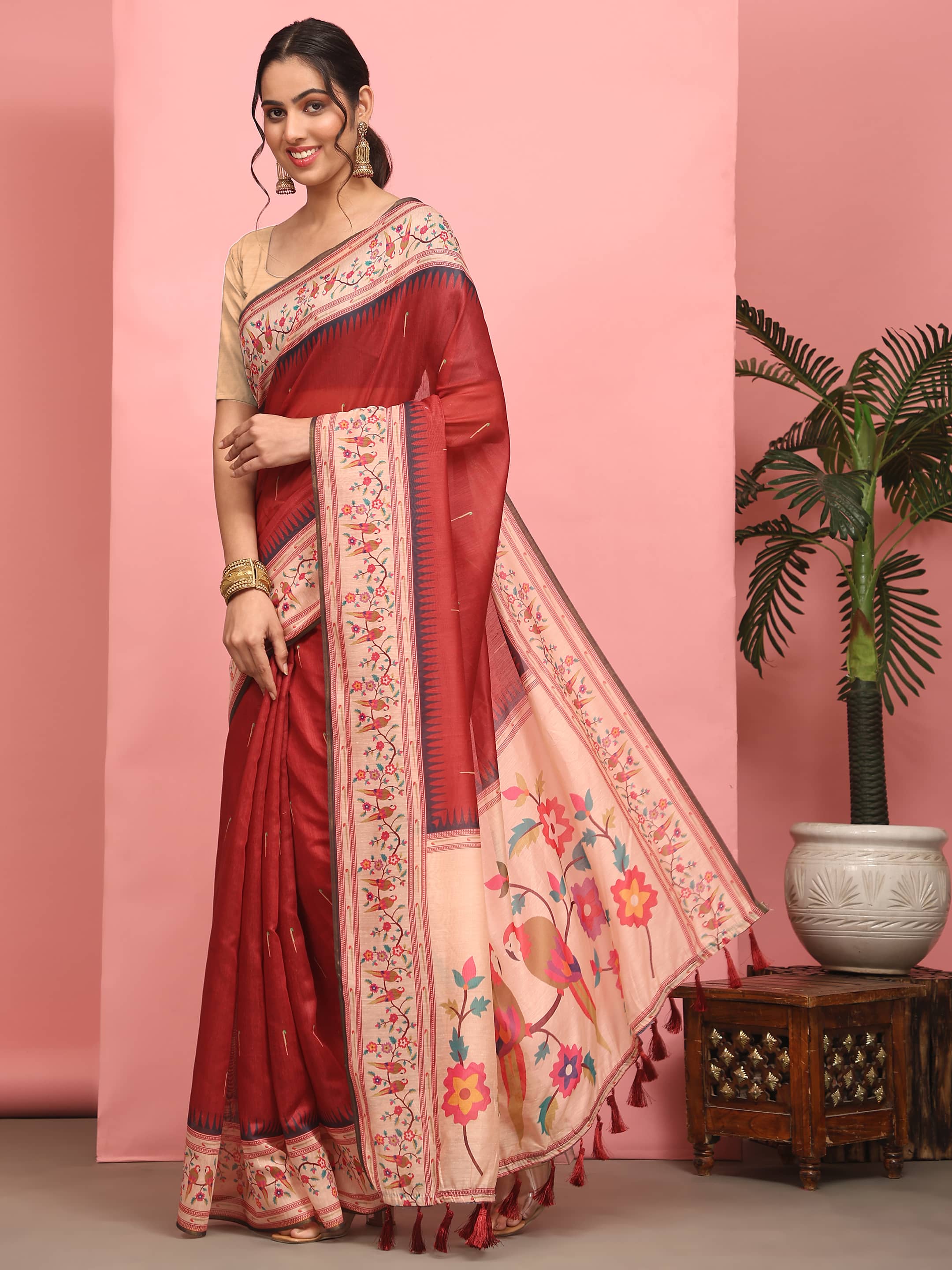 Red Solid Paithani Cotton Blend Digital Printed Saree