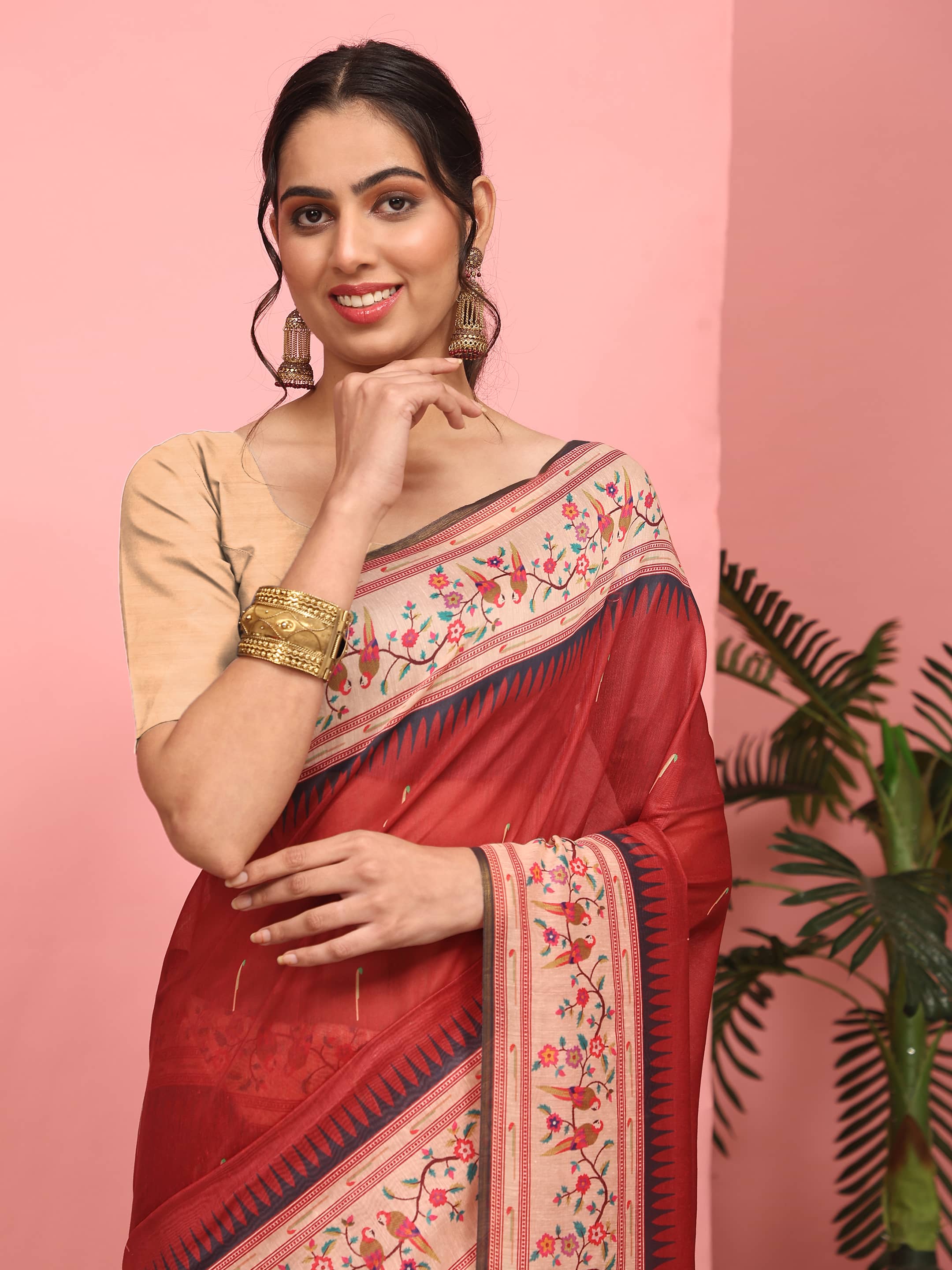 Red Solid Paithani Cotton Blend Digital Printed Saree