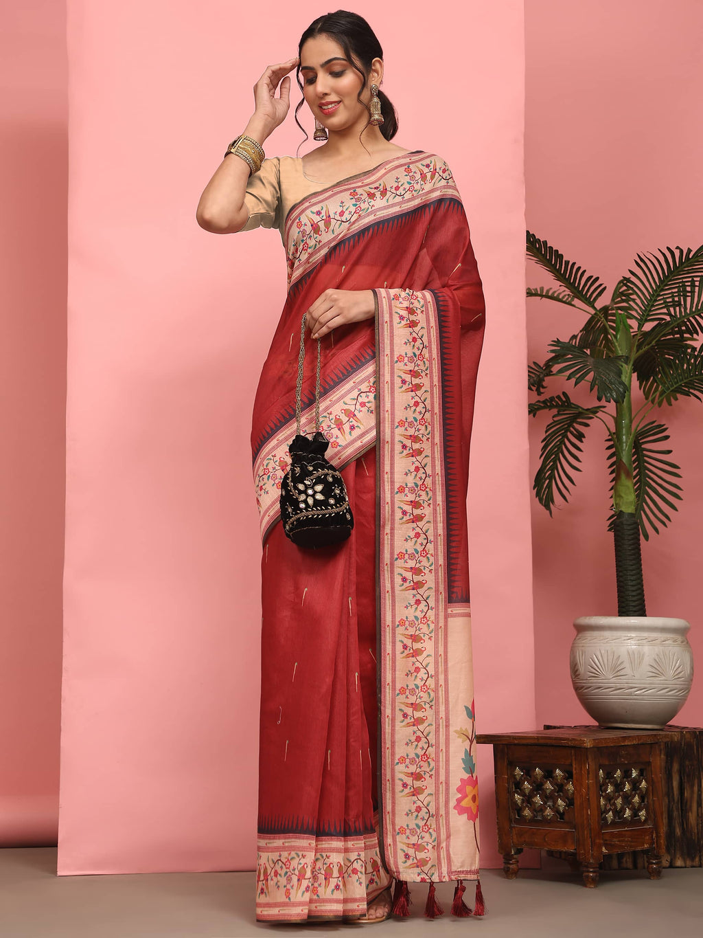 Red Solid Paithani Cotton Blend Digital Printed Saree
