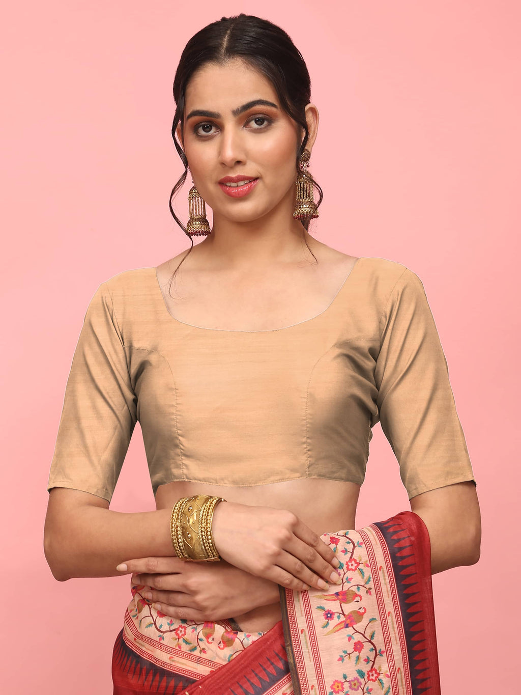 Red Solid Paithani Cotton Blend Digital Printed Saree