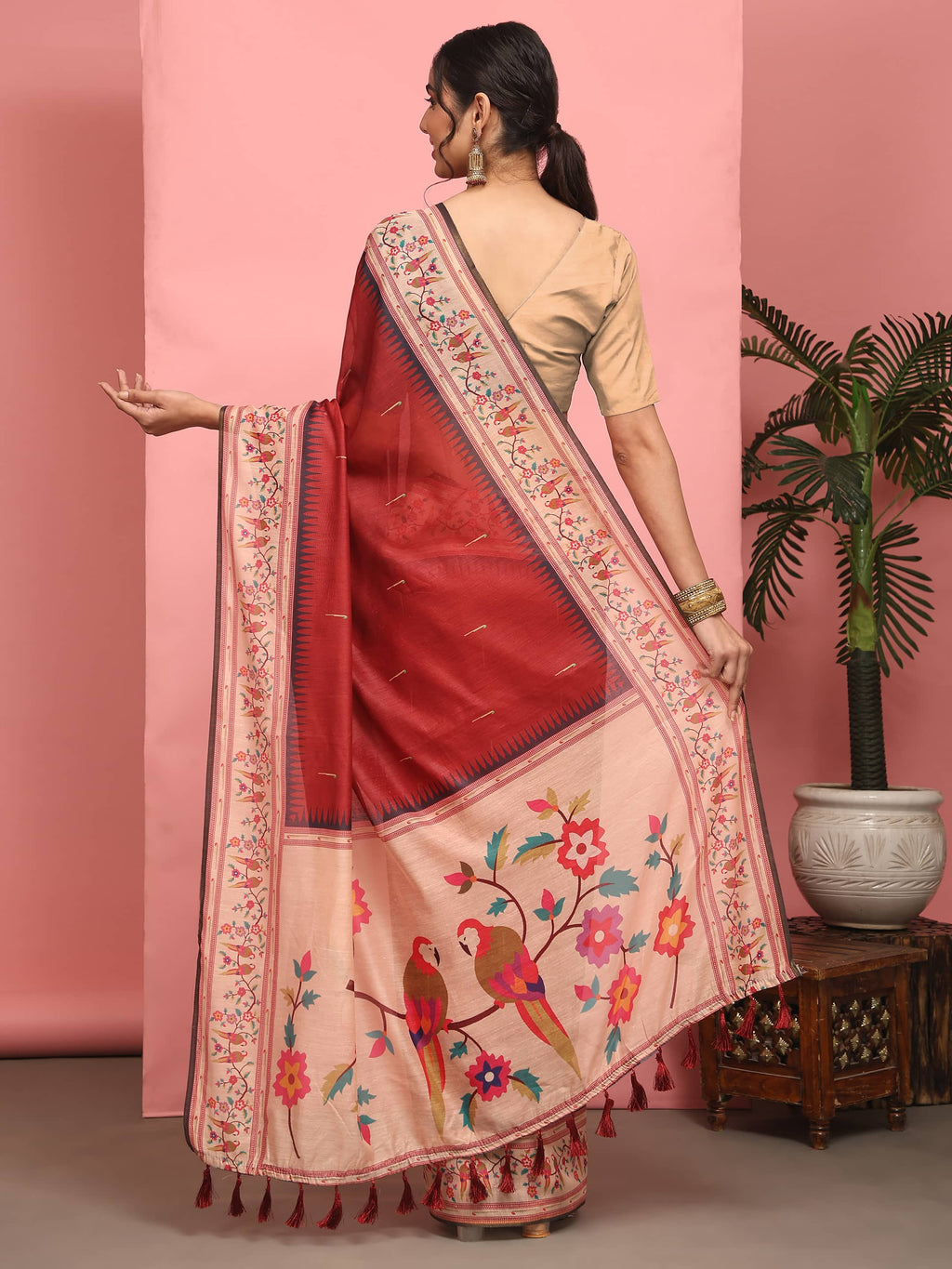 Red Solid Paithani Cotton Blend Digital Printed Saree