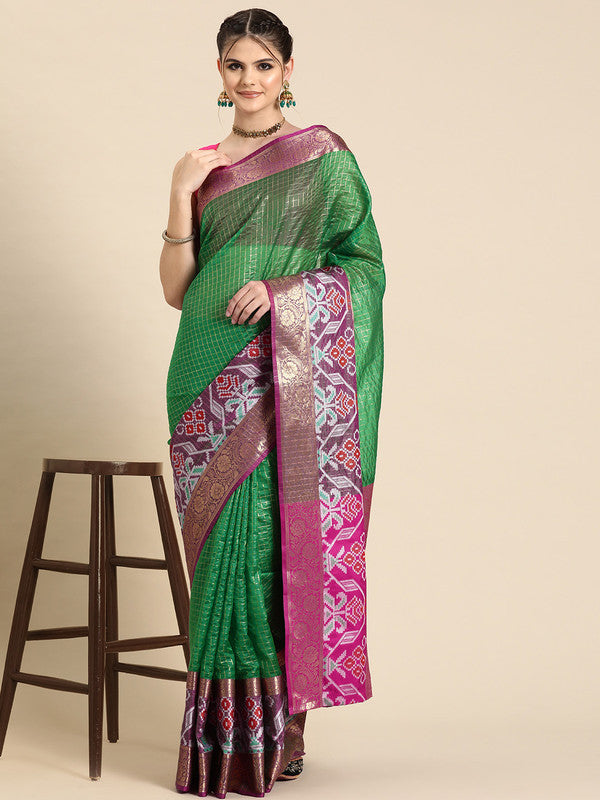 Green Banarasi silk saree with woven zari check pattern and unstitched blouse