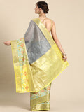 Gray Banarasi Silk Woven Zari Checked Saree with Unstitched Blouse