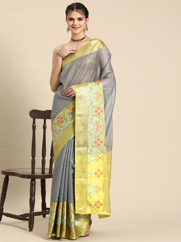 Gray Banarasi silk saree with woven Zari checked pattern and unstitched blouse
