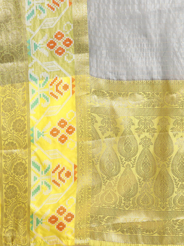 Gray Banarasi Silk Woven Zari Checked Saree with Unstitched Blouse