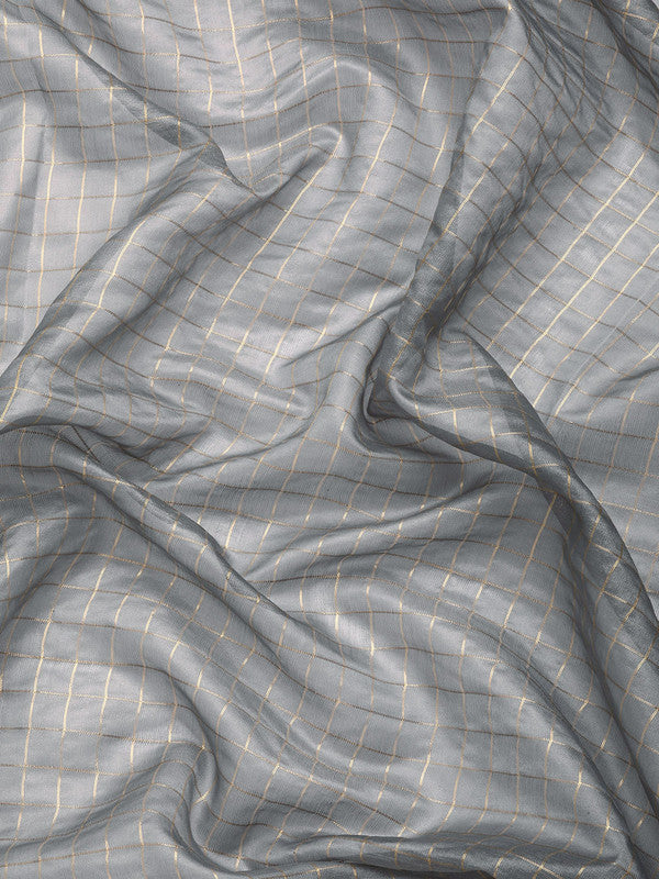 Gray Banarasi Silk Woven Zari Checked Saree with Unstitched Blouse