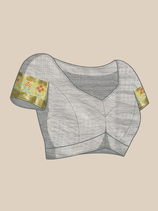Gray Banarasi Silk Woven Zari Checked Saree with Unstitched Blouse