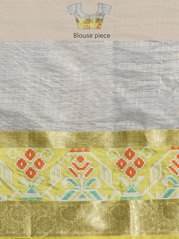 Gray Banarasi Silk Woven Zari Checked Saree with Unstitched Blouse