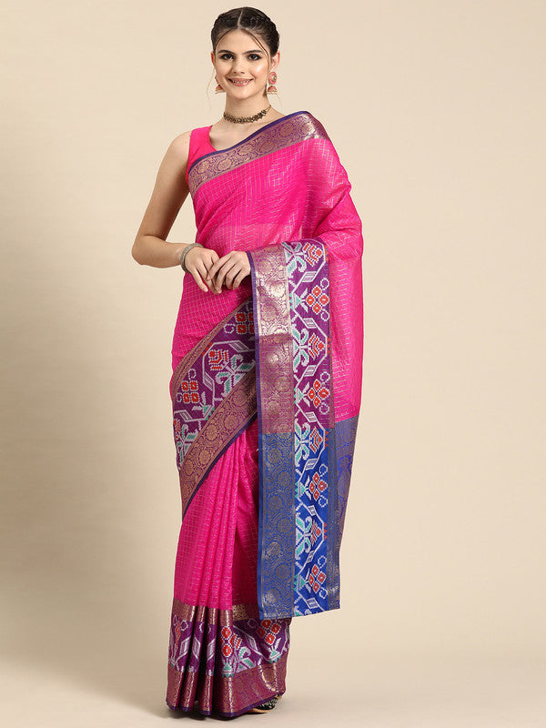 Pink Banarasi silk saree with woven zari check pattern and unstitched blouse