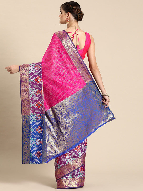Pink Banarasi Silk Woven Zari Check Saree with Unstitched Blouse