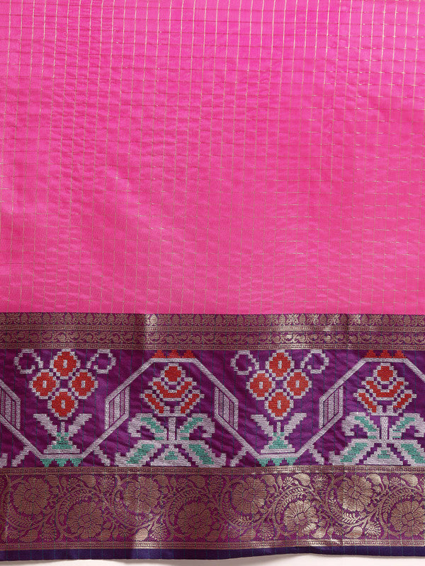 Pink Banarasi Silk Woven Zari Check Saree with Unstitched Blouse