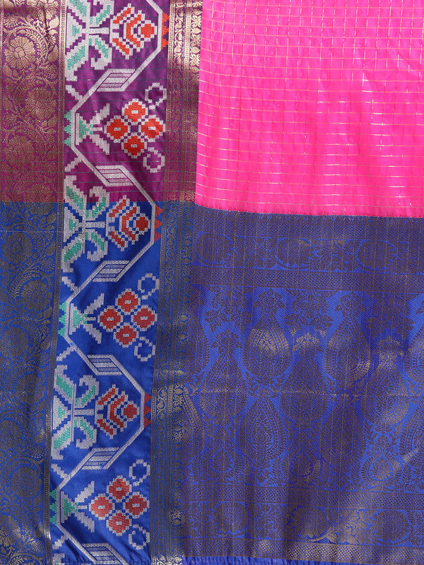 Pink Banarasi Silk Woven Zari Check Saree with Unstitched Blouse