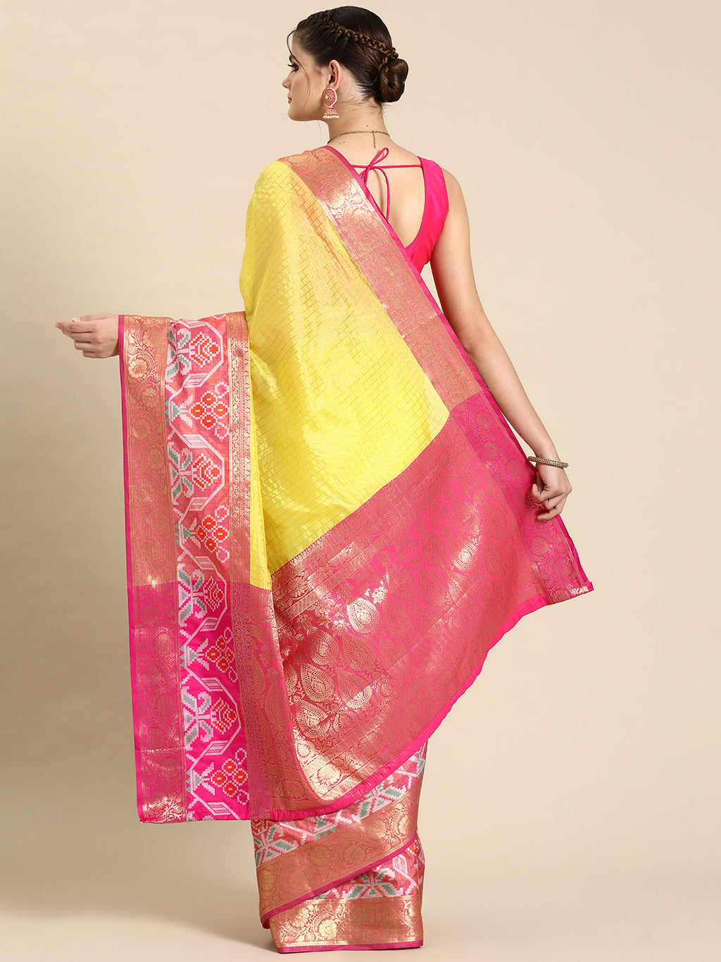 Yellow Banarasi Silk Saree with Checked Zari Design and Blouse