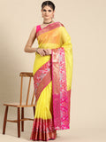 Yellow Banarasi silk saree with checked zari pattern and unstitched blouse