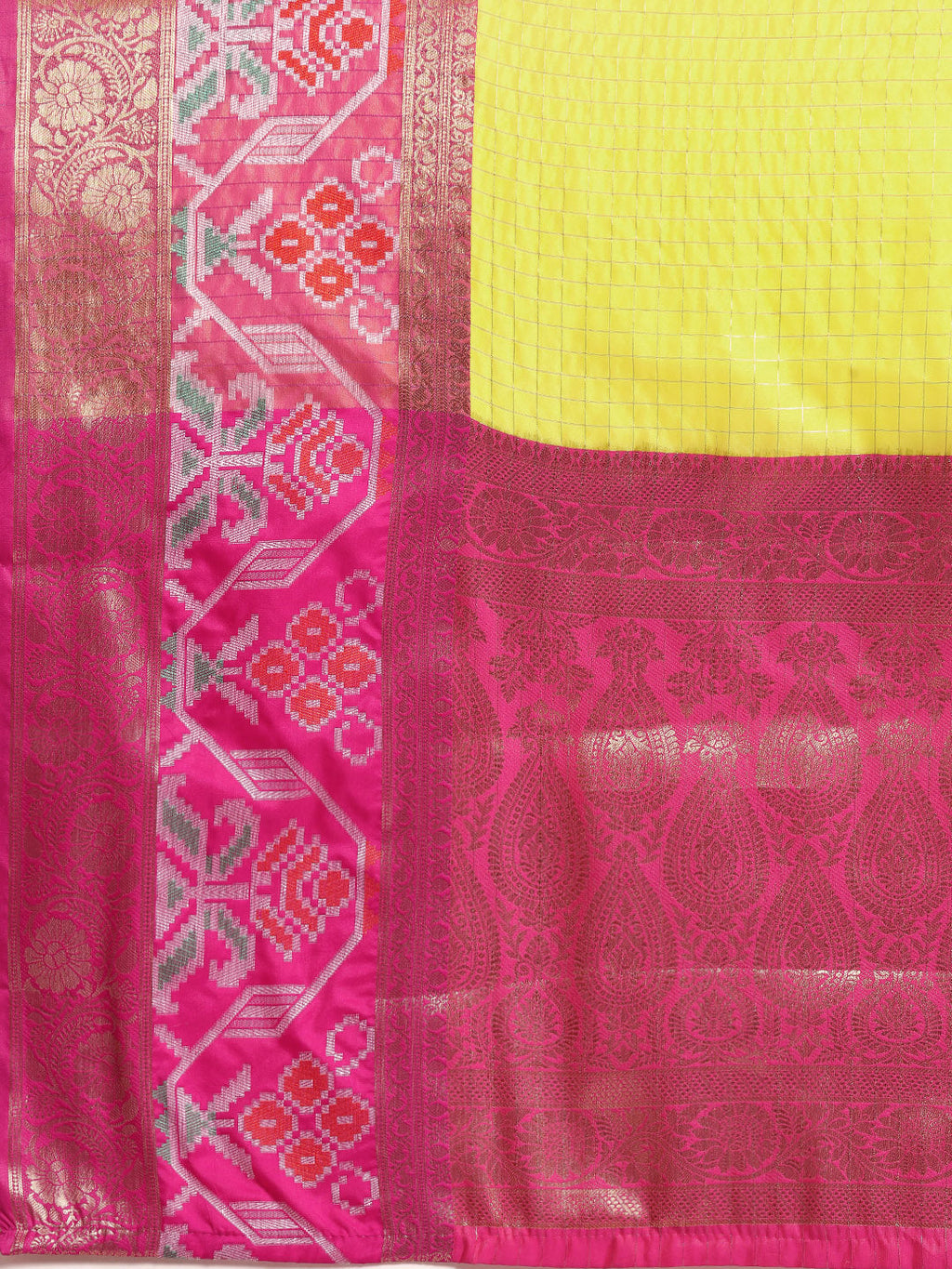 Yellow Banarasi Silk Saree with Checked Zari Design and Blouse