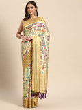 Beige art silk printed saree with delicate embellishments and unstitched blouse