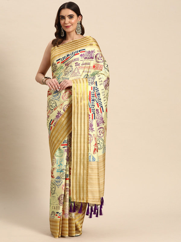 Beige art silk printed saree with delicate embellishments and unstitched blouse