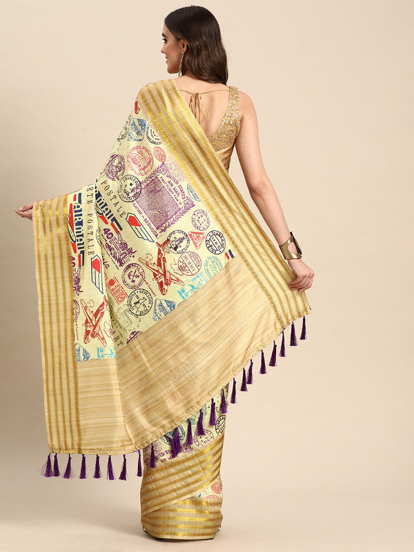 Beige Art Silk Embellished Printed Saree with Unstitched Blouse