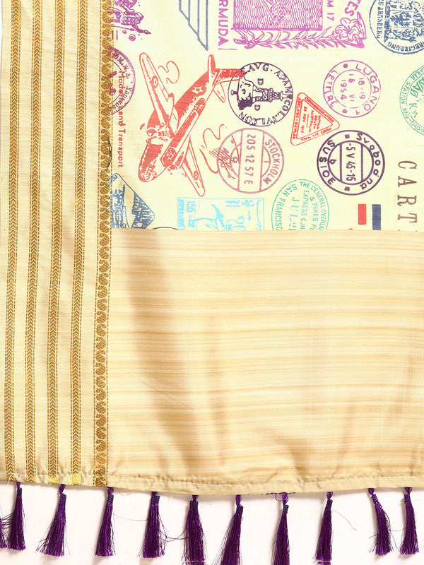 Beige Art Silk Embellished Printed Saree with Unstitched Blouse