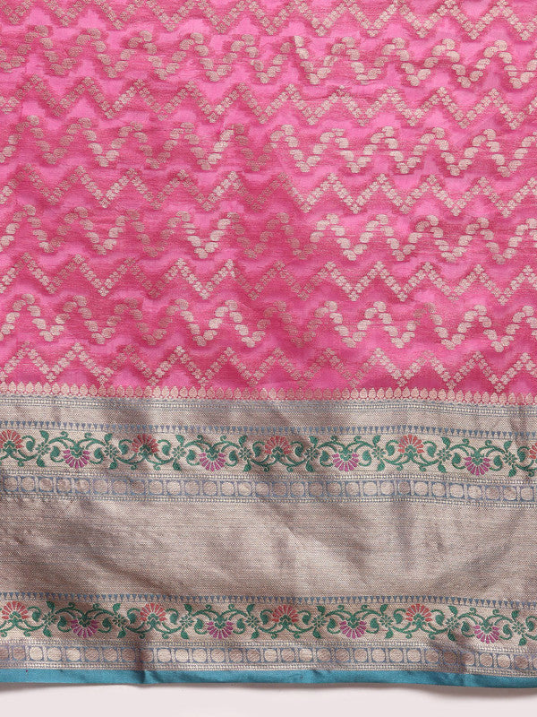 Pink Silk Blend Abstract Saree with Woven Zari Details