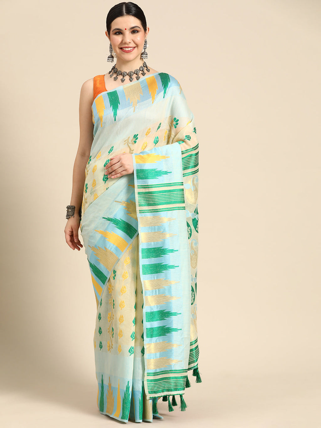 Blue pure cotton saree with woven zari floral design and unstitched blouse piece.
