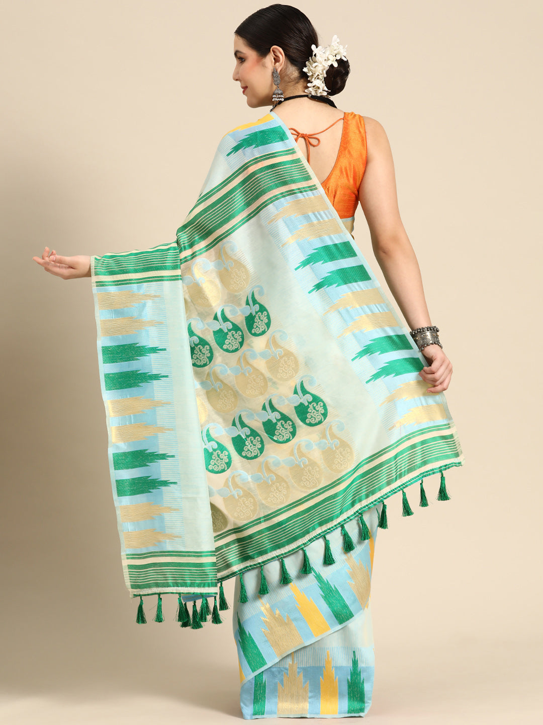 Blue Pure Cotton Woven Zari Floral Saree with Unstitched Blouse