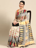Gray pure cotton floral saree with zari design, including an unstitched blouse.