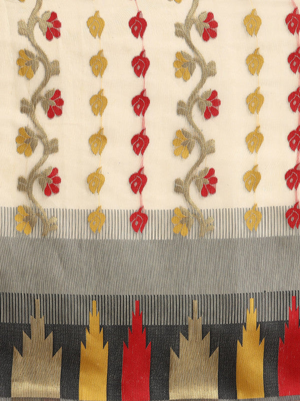 Gray Pure Cotton Floral Saree with Zari Design & Unstitched Blouse