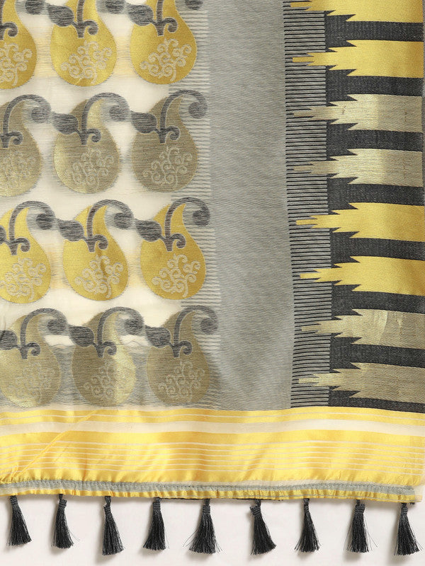 Gray Pure Cotton Floral Saree with Zari Design & Unstitched Blouse