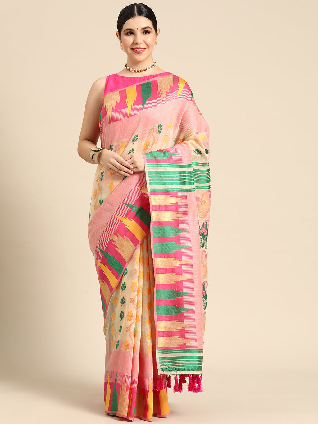 Pink pure cotton saree with elegant woven Zari floral pattern and unstitched blouse