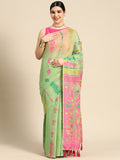 Green pure cotton floral print saree with golden woven zari border