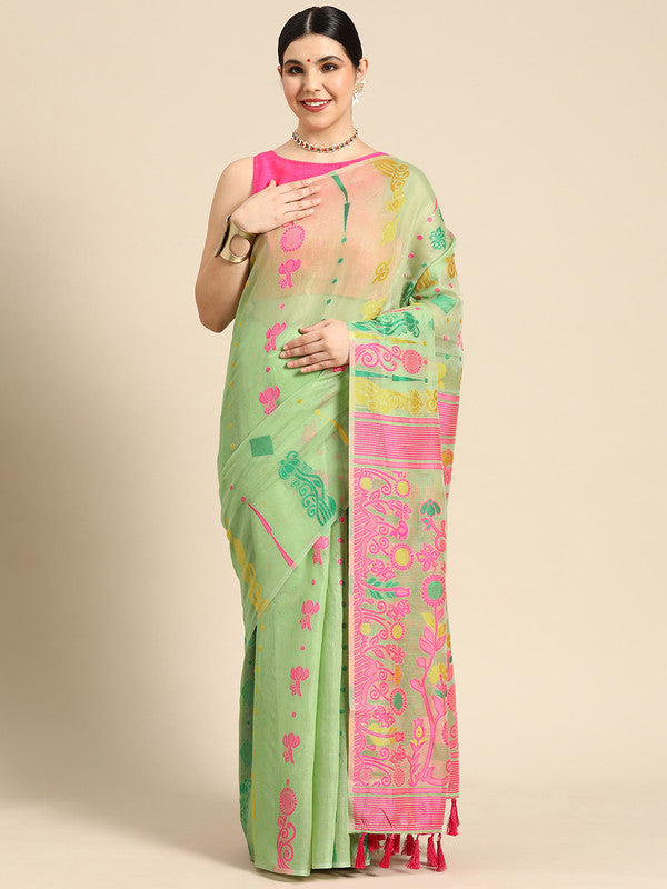Green pure cotton floral print saree with golden woven zari border