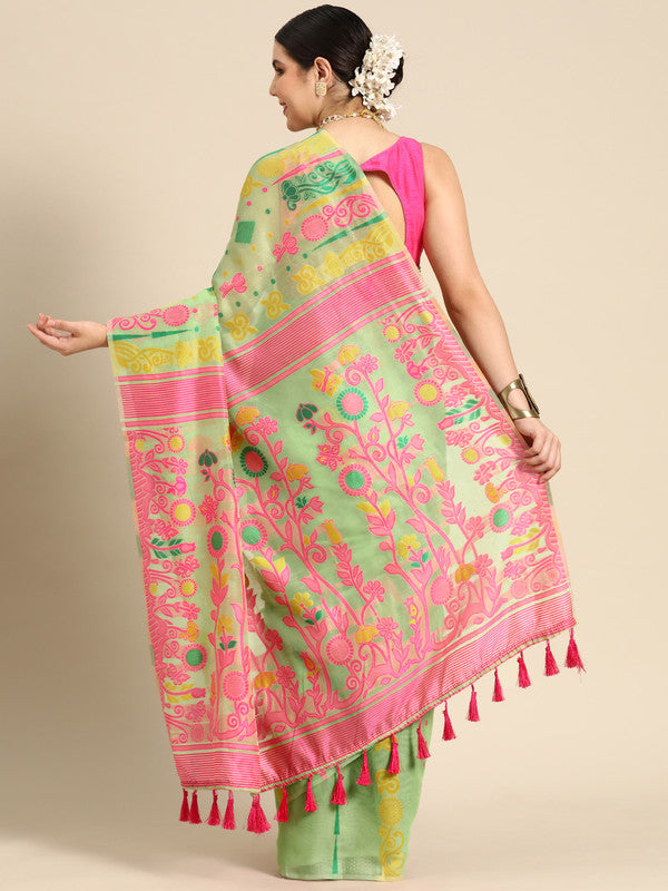 Green Pure Cotton Floral Saree with Woven Zari Border