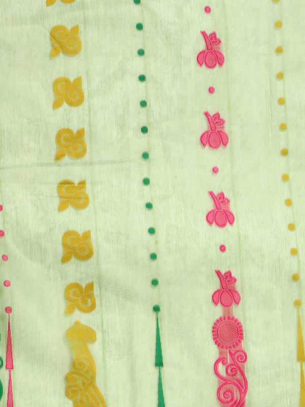 Green Pure Cotton Floral Saree with Woven Zari Border