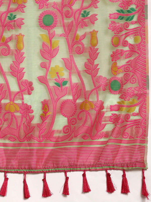 Green Pure Cotton Floral Saree with Woven Zari Border