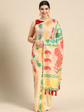Beige pure cotton saree with woven Zari paisley patterns and matching blouse fabric