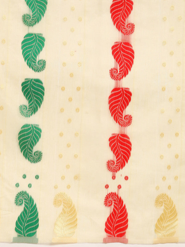 Beige Pure Cotton Woven Zari Design Paisley Saree with Blouse