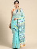 Turquoise pure cotton saree with geometric patterns and gold zari work