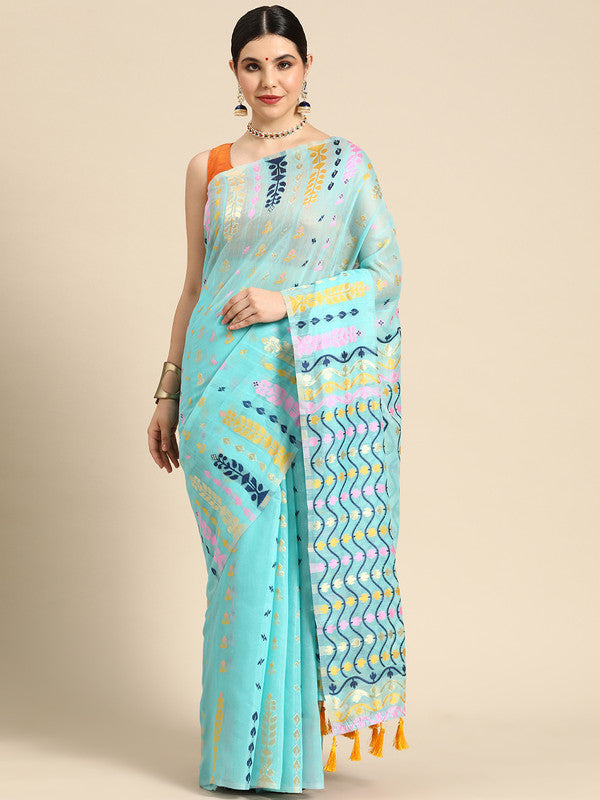Turquoise pure cotton saree with geometric patterns and gold zari work