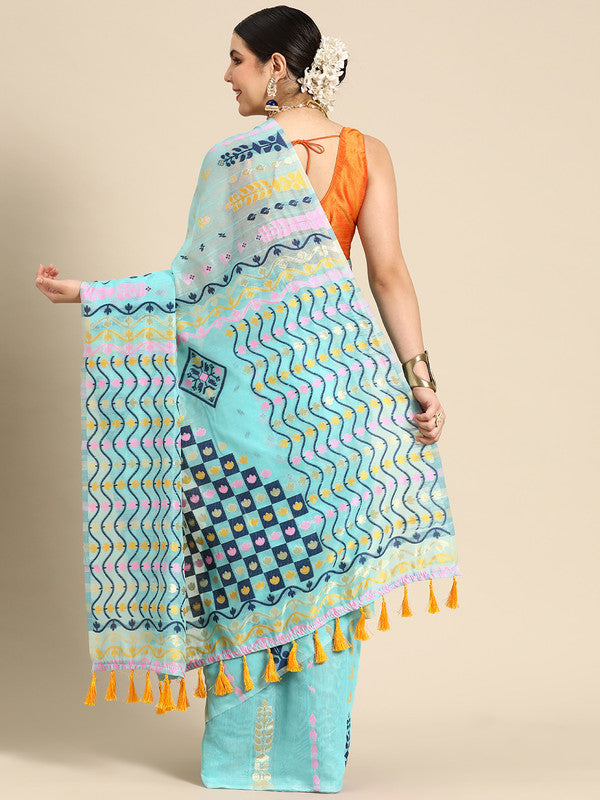 Turquoise Pure Cotton Geometric Print Saree with Zari Accents