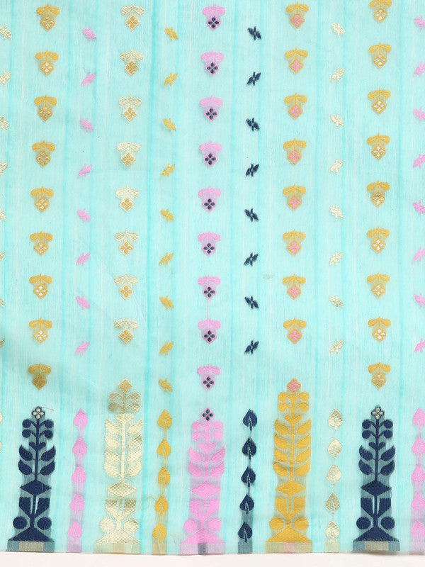 Turquoise Pure Cotton Geometric Print Saree with Zari Accents