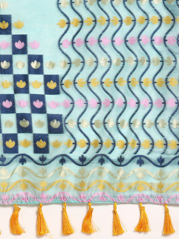 Turquoise Pure Cotton Geometric Print Saree with Zari Accents