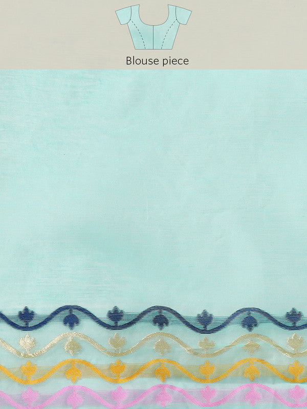 Turquoise Pure Cotton Geometric Print Saree with Zari Accents
