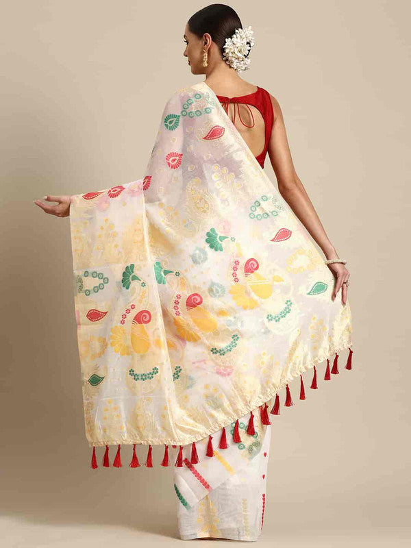 White Pure Cotton Woven Zari Design Paisley Saree