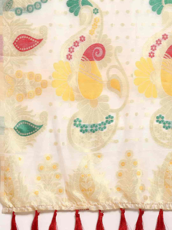 White Pure Cotton Woven Zari Design Paisley Saree