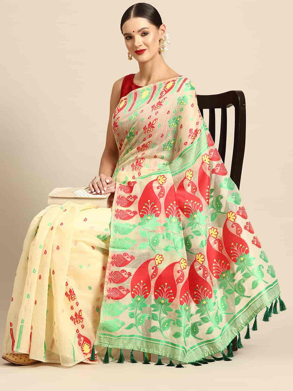 Beige pure cotton saree with intricate woven Zari paisley design and unstitched blouse