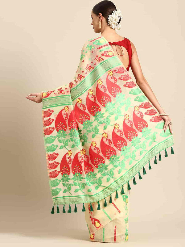 Beige Pure Cotton Woven Zari Paisley Saree with Unstitched Blouse