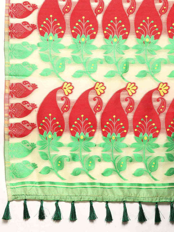 Beige Pure Cotton Woven Zari Paisley Saree with Unstitched Blouse