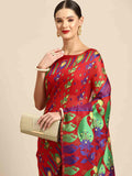 Red Pure Cotton Saree with woven zari paisley design and unstitched blouse